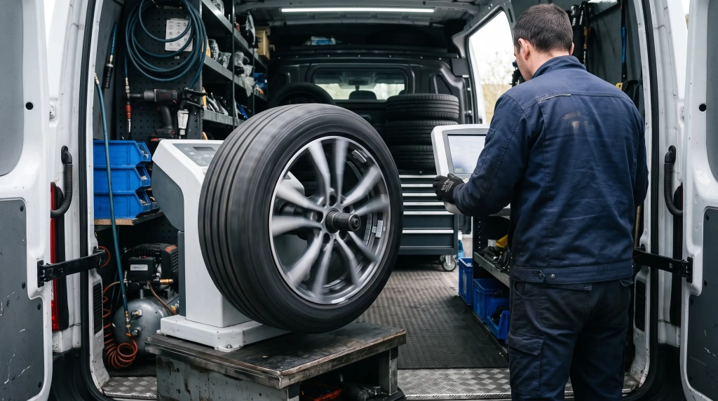 Roue de voiture tournant sur une machine d'équilibrage pneu avec masses visibles