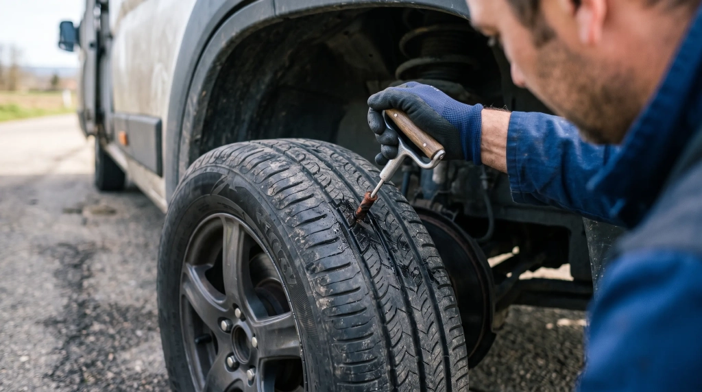Mèche réparation pneu insérée dans la bande de roulement d'un pneu de voiture