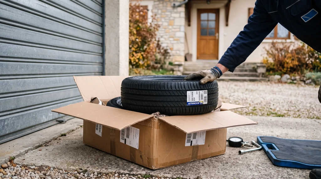 Carton de livraison ouvert contenant des pneus neufs prêts pour le montage à domicile