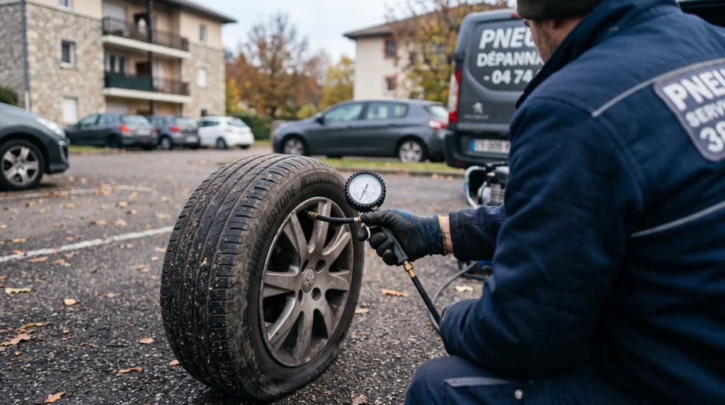 Contrôle au manomètre d'un pneu qui se dégonfle lentement sur une voiture garée