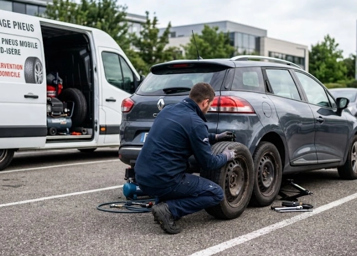 Mains d'un technicien inspectant la bande de roulement lors d'une réparation de pneu à domicile